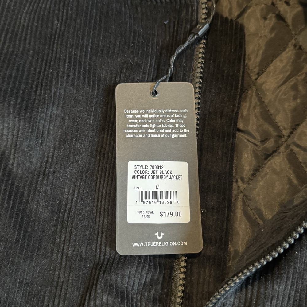 True Religion Hooded Vintage Corduroy Jet Black Jacket Zip Mens Size Medium NWT - Picture 3 of 6